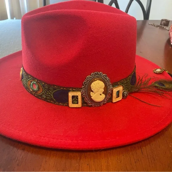 Stetson Red Fedora with Peacock Feather and Cameo Peacock feather red high top Fedora hat in autumn and winter  main image 2